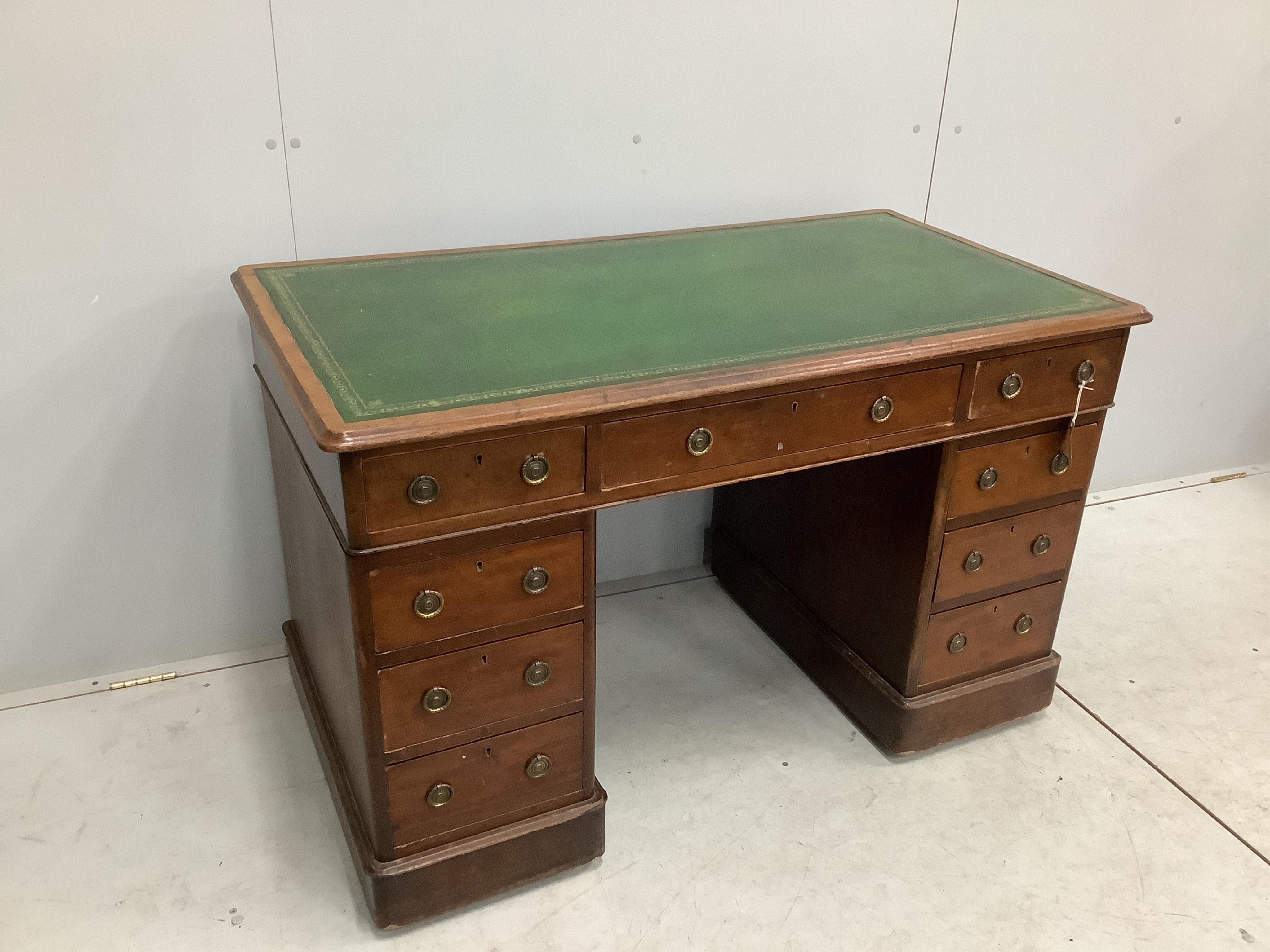 A Victorian mahogany pedestal desk, width 121cm, depth 66cm, height 77cm. Condition - poor, although evidence of worm possibly active